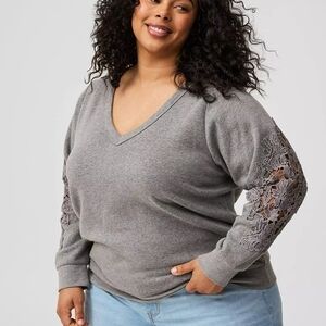 Torrid Gray V-Neck Sweater with Lace Sleeves